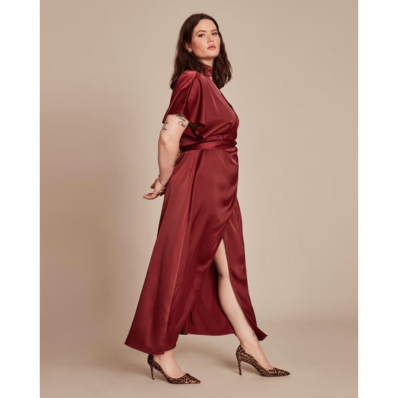 11 Honore Precious Dress Satin Surplice Choker Faux Wrap Maxi Burgundy NWT Sz 14 - Picture 2 of 16